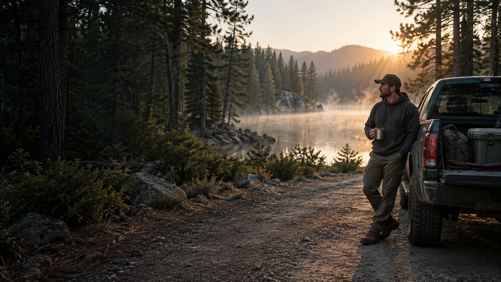 A quiet morning on a pine-lined backroad beside a lake